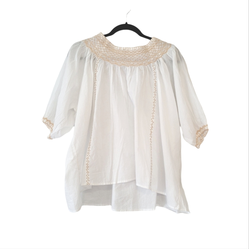 Solitaire Cotton White Boho Embroidered Puff Sleeve Blouse Tunic Top